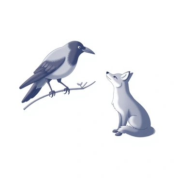 A crow perched on a branch, facing a fox sitting on the ground below. The crow has an elongated body and a sharp beak, while the fox has pointed ears and a bushy tail. The branch is simple, with a few minimal leaves extending from it. The fox is looking up at the crow with a curious expression, its body positioned slightly forward as if ready to spring into action. The scene is set in a straightforward composition, emphasizing the interaction between the two animals.