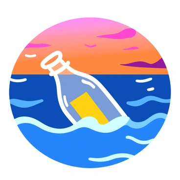 A clear glass bottle with a rolled-up piece of parchment inside is floating on gentle ocean waves. The bottle is partially submerged, sparkling as it catches the sunlight. The ocean is a deep blue, reflecting the warm colors of the sunset. Shades of orange, pink, and purple fill the sky, casting a soft glow across the water. A few seabirds can be seen flying in the distance against the vibrant sky. The scene evokes a sense of mystery and adventure, as the bottle drifts away, carrying its hidden message.