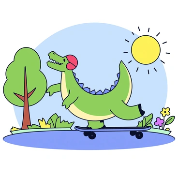 A crocodile with green scales and distinct ridges on its back is skateboarding on a smooth pavement in a sunny park. The crocodile wears a red helmet for safety and has a playful expression on its face. Surrounding the crocodile are lush green trees casting dappled shadows and a few colorful flowers in bloom nearby. The sun is shining brightly in the clear blue sky, creating a vibrant atmosphere in the park.