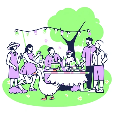 A garden party scene is set in a spacious outdoor area filled with green grass and blooming flowers. In the center, a white goose with a distinct orange beak is waddling among a group of guests. The guests are dressed in summer attire, with a woman wearing a wide-brimmed hat holding a glass of lemonade and a man in a light blue shirt laughing as he talks to another person. Tables are adorned with colorful tablecloths and plates filled with refreshments, while fairy lights are strung overhead, casting a gentle ambiance over the gathering. A large tree provides shade, and several children can be seen playing nearby, creating a lively atmosphere.