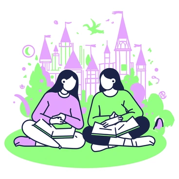 Two sisters are sitting on a plush, green carpet, deeply engrossed in a captivating fairytale book. They are seated cross-legged, facing each other, with the open book resting on their laps. The elder sister has long, flowing hair and wears a cozy sweater, while the younger sister sports a playful hairstyle and a colorful dress. Surrounding them are imagined scenes from the book: a majestic castle with tall towers, a shimmering dragon soaring above, and a mysterious forest filled with trees and magical creatures. The air is filled with a sense of wonder as the vibrant illustrations seem to come to life around the sisters.