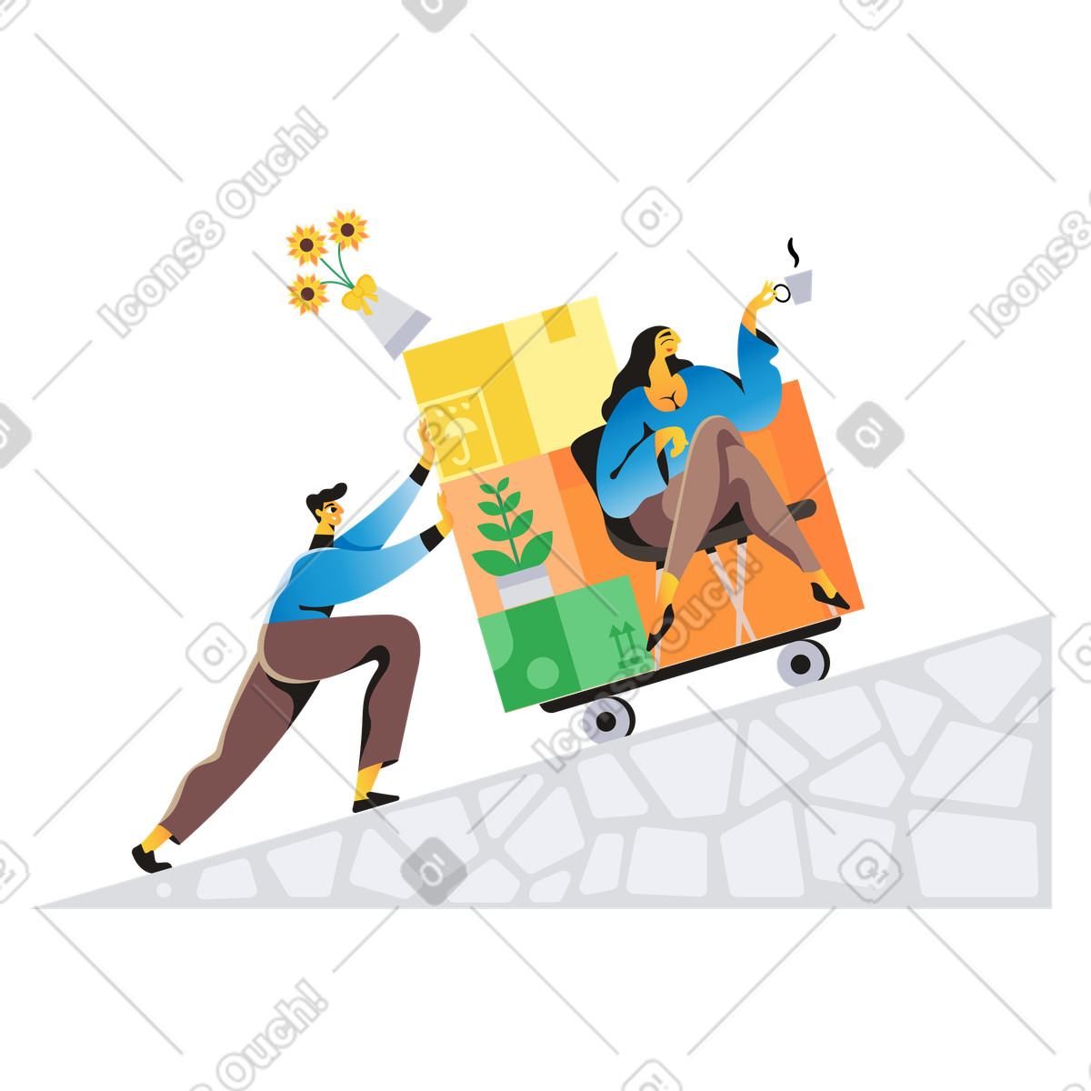 Illustration Homme poussant des boîtes avec une femme assise dessus dans le style Jaconda à télécharger aux formats PNG, SVG
