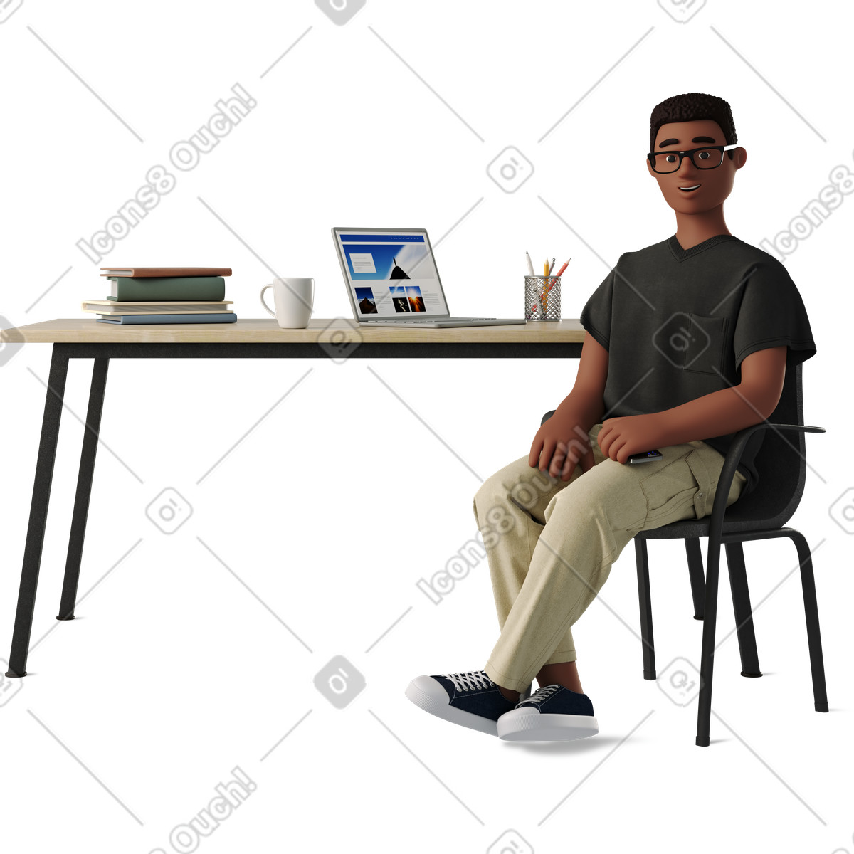 Ilustración Young man sitting at his desk en estilo 3D Business a descargar en PNG y SVG