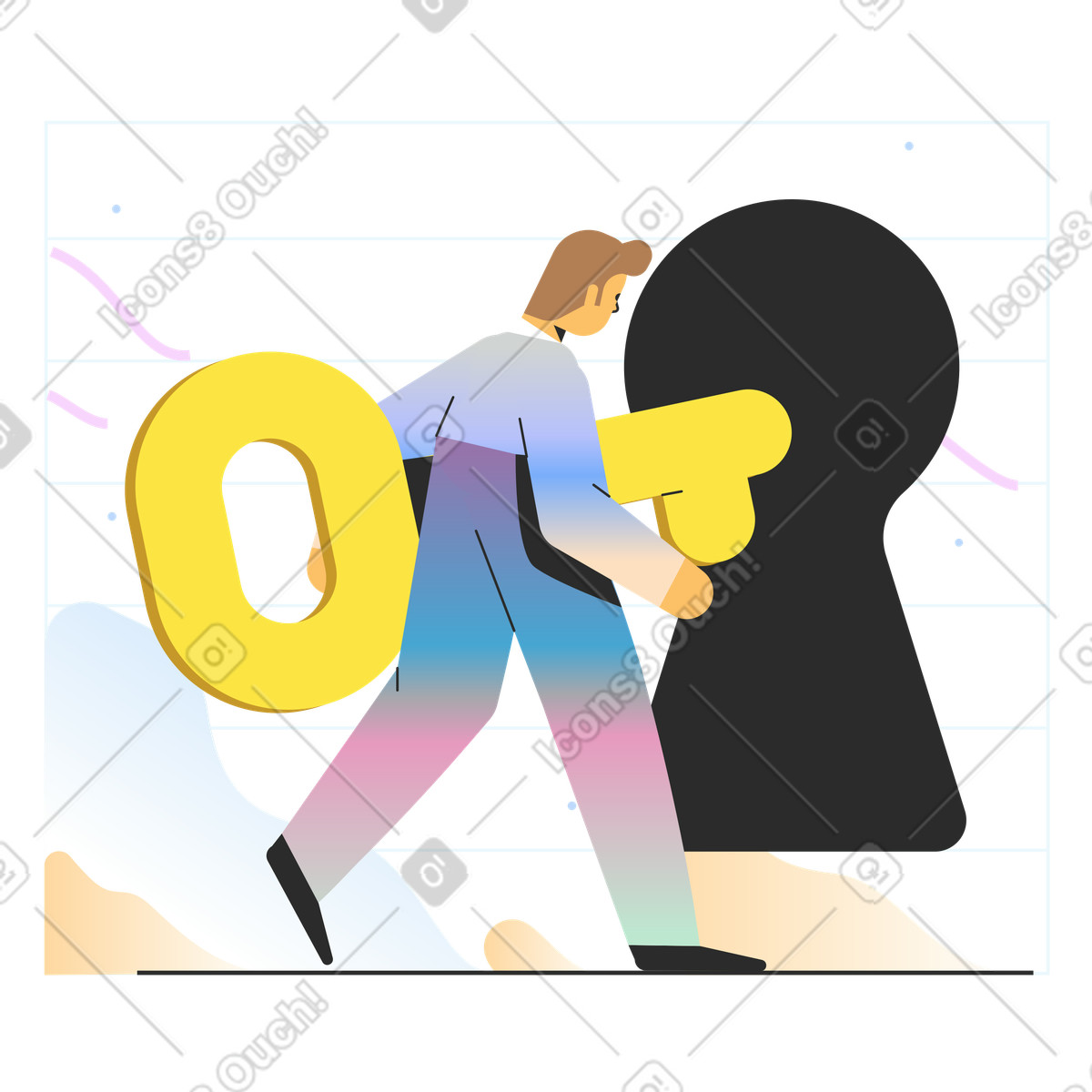 Person with big key entering large keyhole, safe login and secure access animated illustration in Marginalia style download in GIF, Lottie (JSON), AE