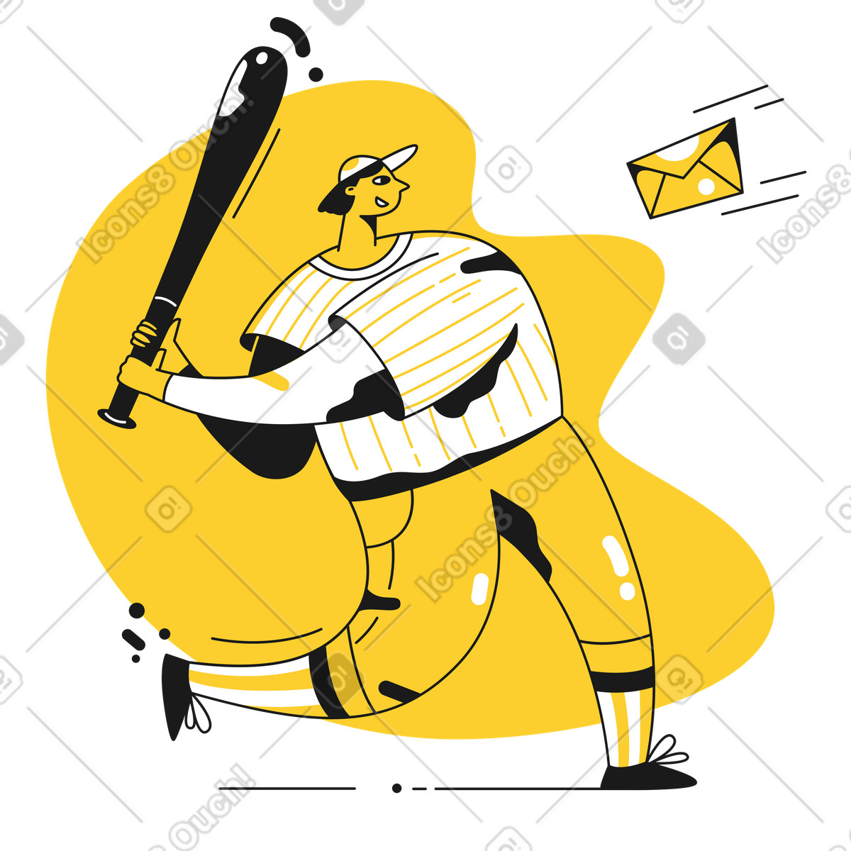 Ilustração animada de Jogador beisebol acertando um envelope com taco em no estilo Taxi para baixar em GIF, Lottie (JSON), AE