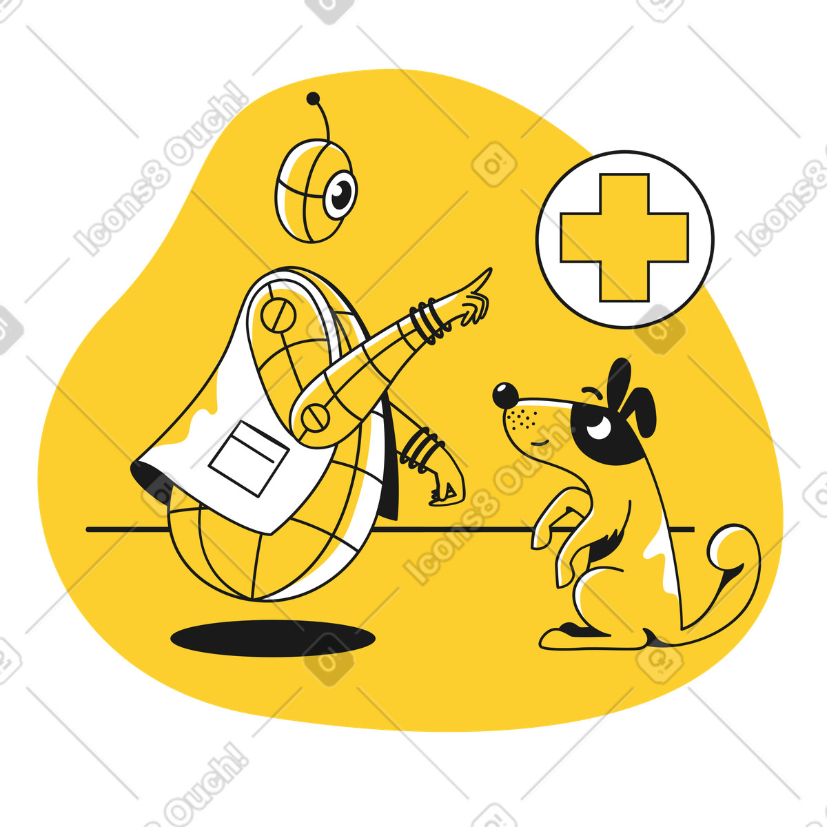 Illustration Robot travaillant comme vétérinaire et soignant un chien dans le style Taxi à télécharger aux formats PNG, SVG
