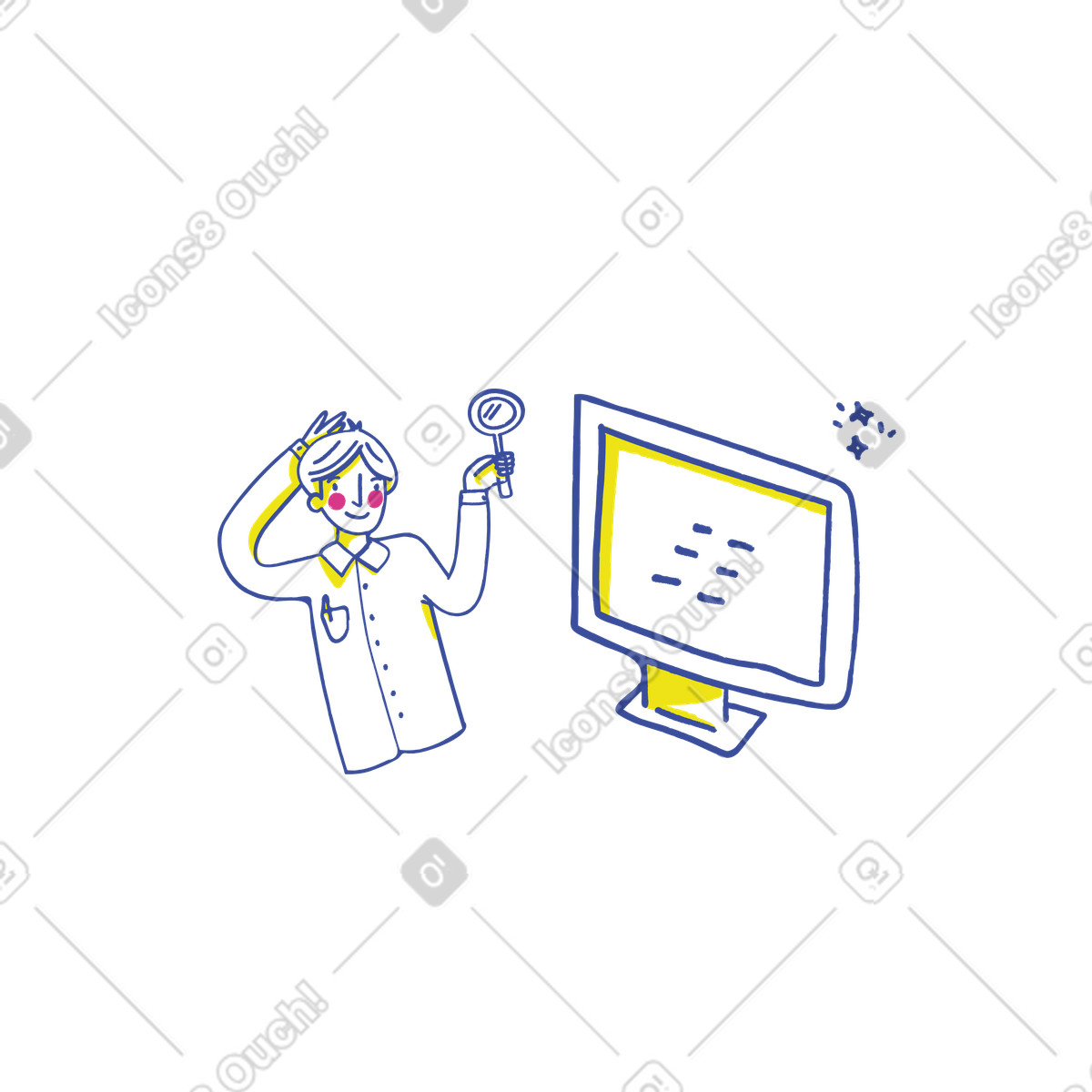 Man with magnifying glass next to computer illustration in Lime style download in PNG, SVG