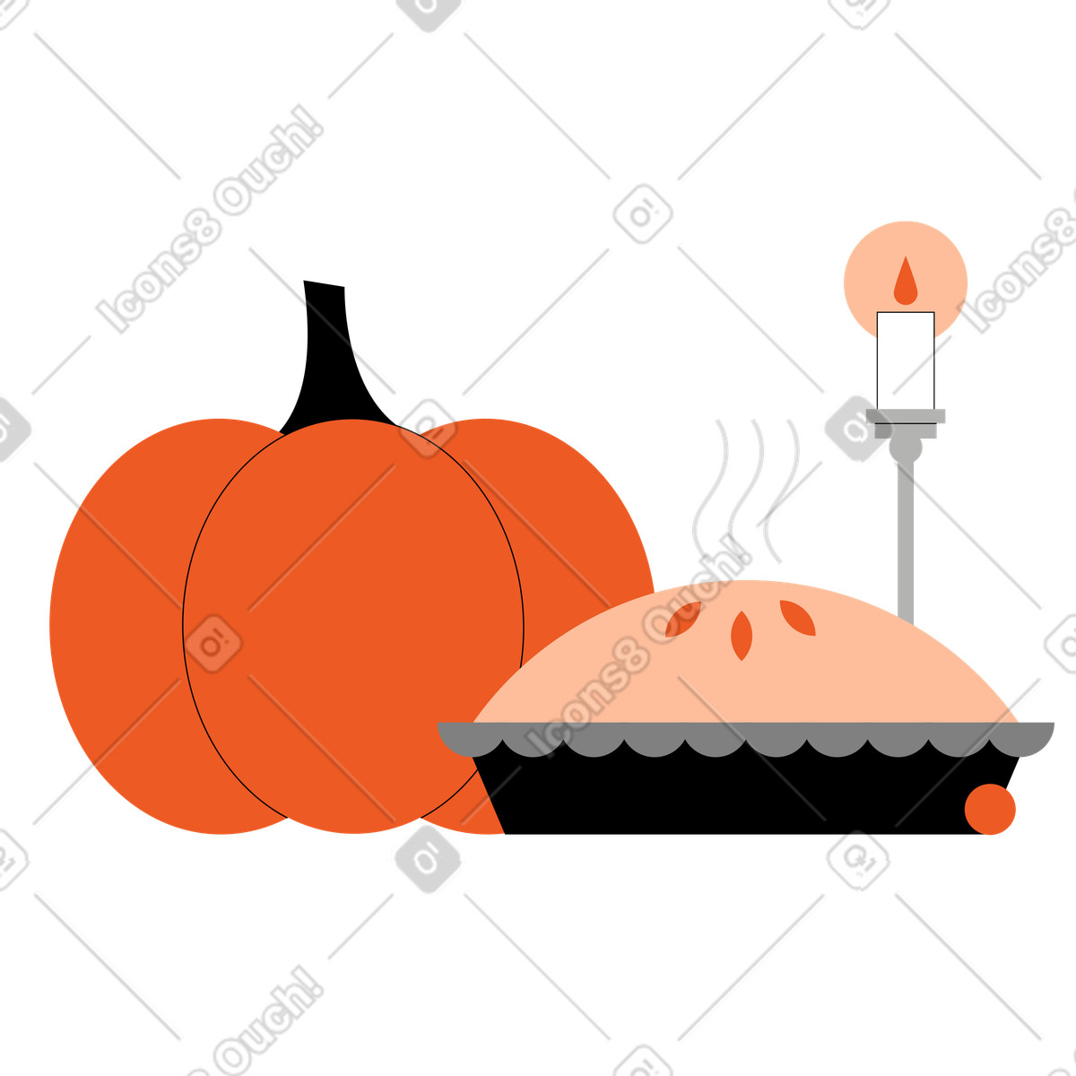 Thanksgiving dinner with pumpkin, pie and candle illustration in Tiny style download in PNG, SVG