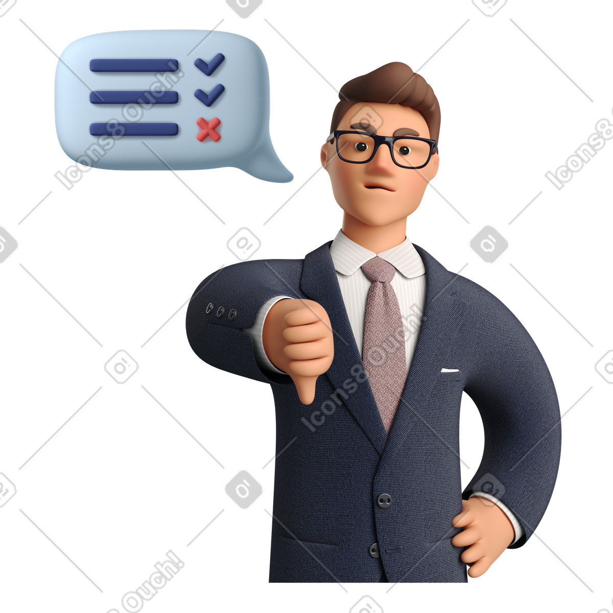 Ilustración Empresario molesto porque el trabajo no está hecho y muestra pulgar hacia abajo en estilo 3D Business a descargar en PNG SVG