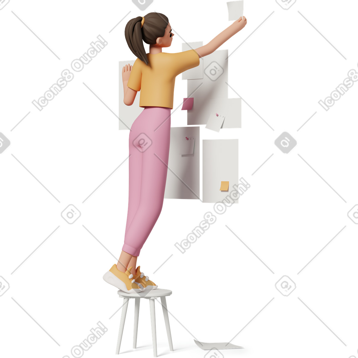3D Casual life 스타일의 Young woman sticking notes on wall 일러스트레이션 PNG, SVG 다운로드