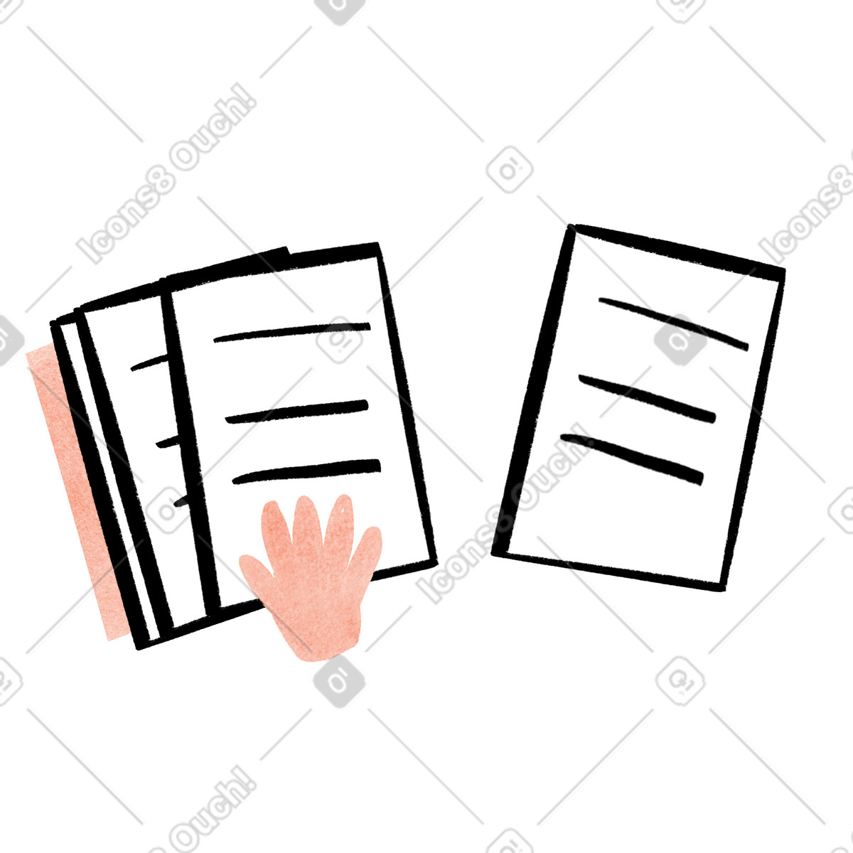 Hand flipping through documents, Contract analysis or paperwork review animated illustration in Hand-drawn animation style download in GIF, Lottie (JSON), AE