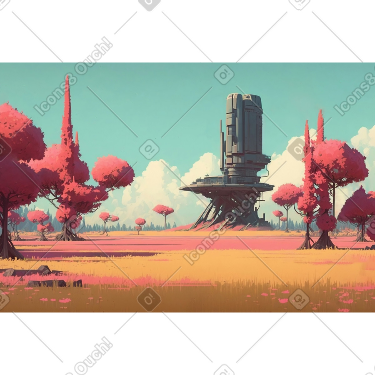 Nature landscape with retrofuturistic building illustration in Experimental style download in PNG, SVG