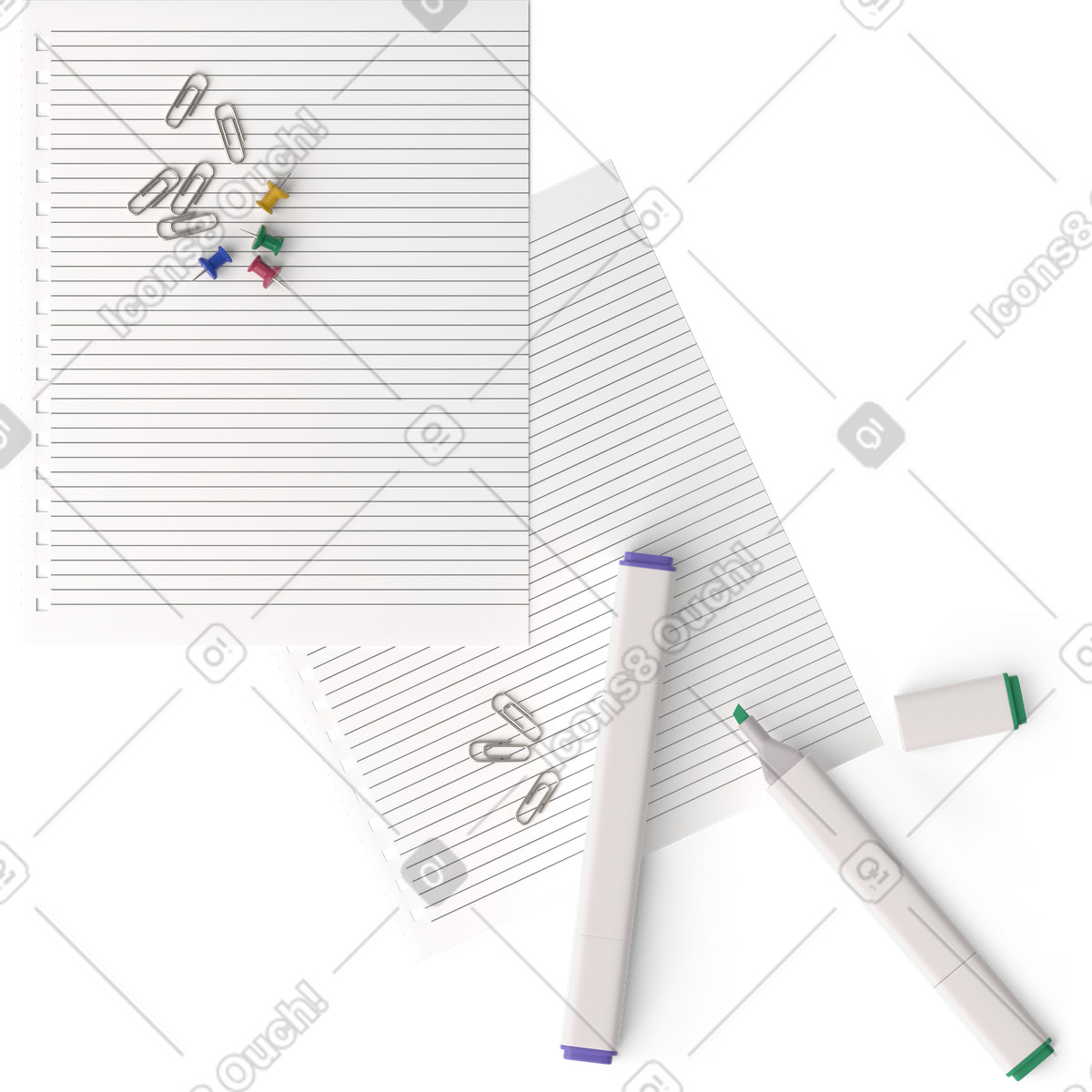 Two markers, sheets of paper, some pins and paper clips illustration in 3D Hygge style download in PNG, SVG