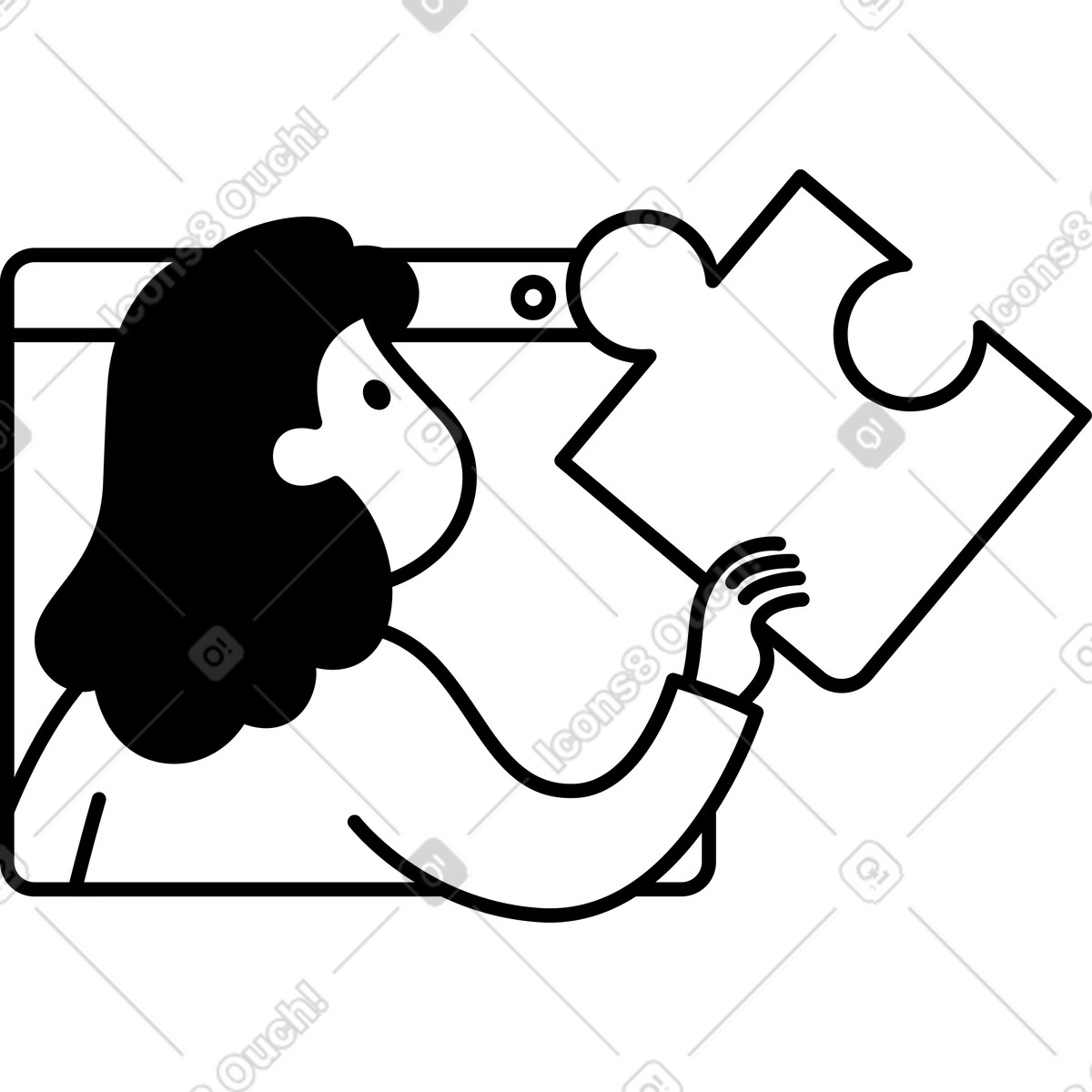 Puzzle piece held by woman inside browser window frame outline illustrazione in stile Notion Line Art scarica in PNG, SVG