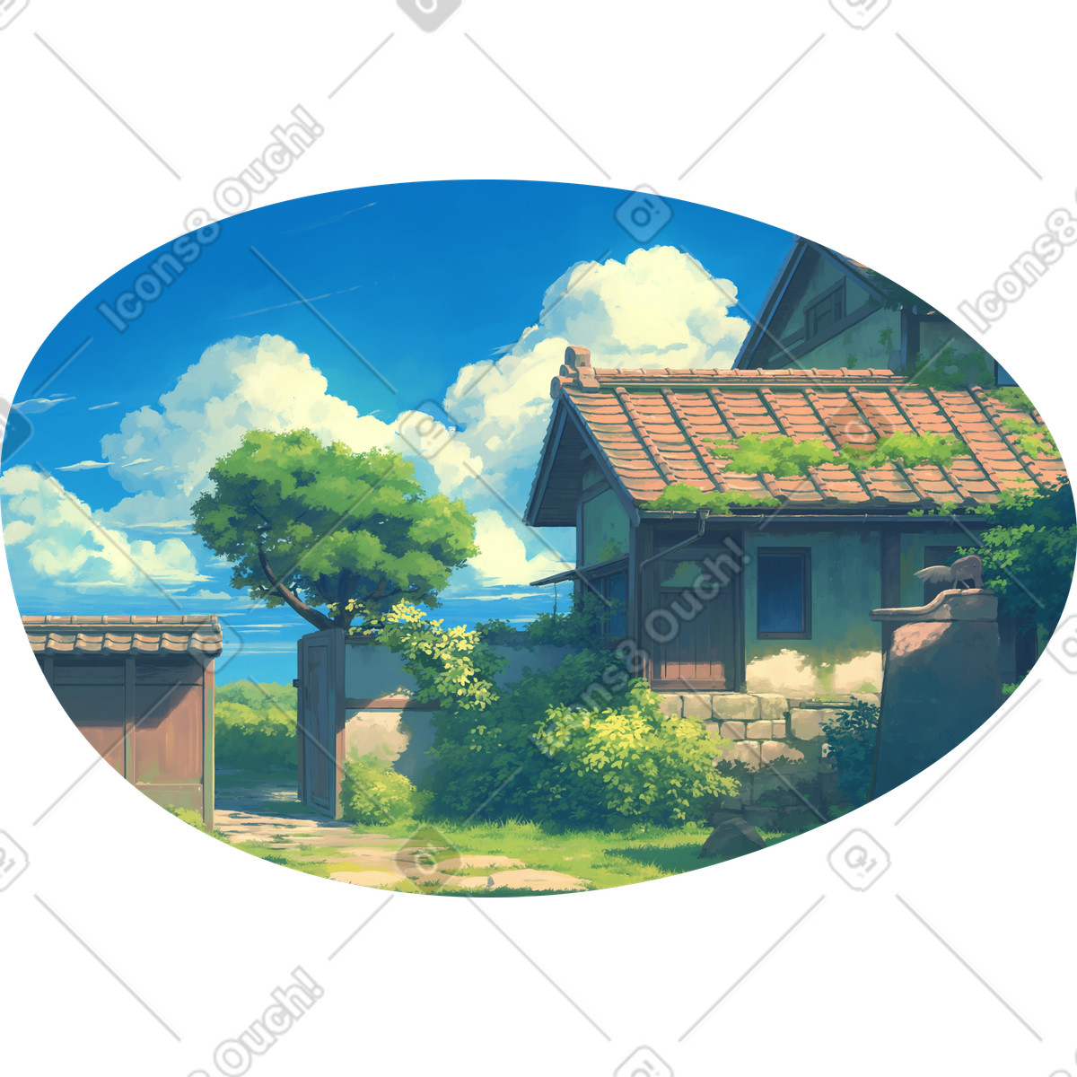 Japanese house in summer background illustration Scenes style download PNG, SVG