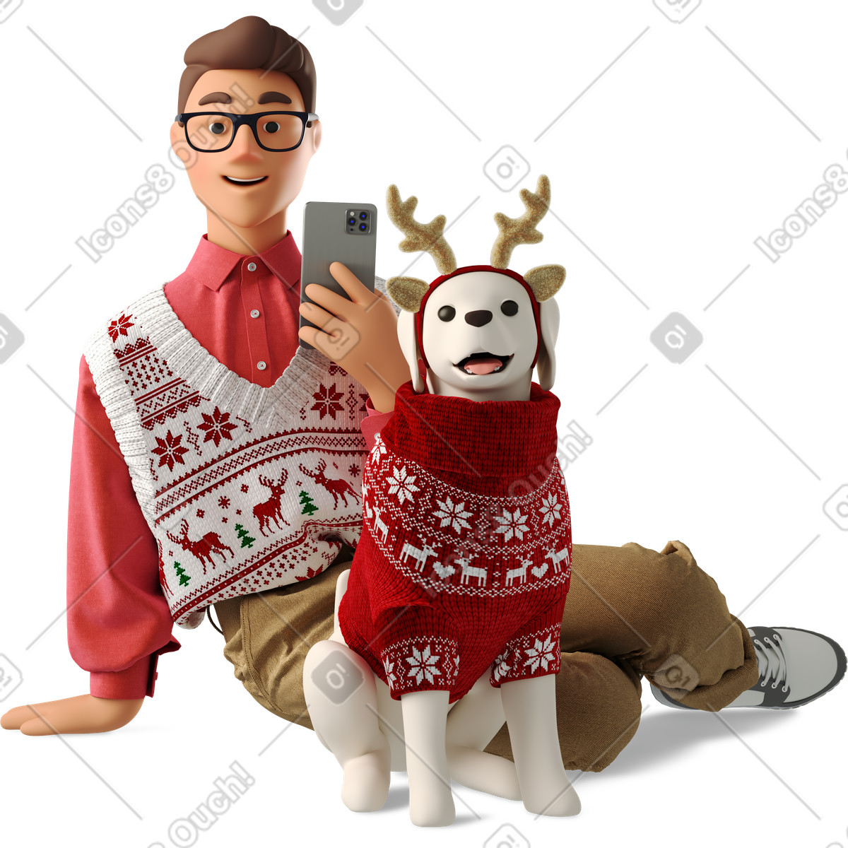 下载 3D Business 风格的 Man and dog celebrating christmas 插画，支持 PNG、SVG 格式