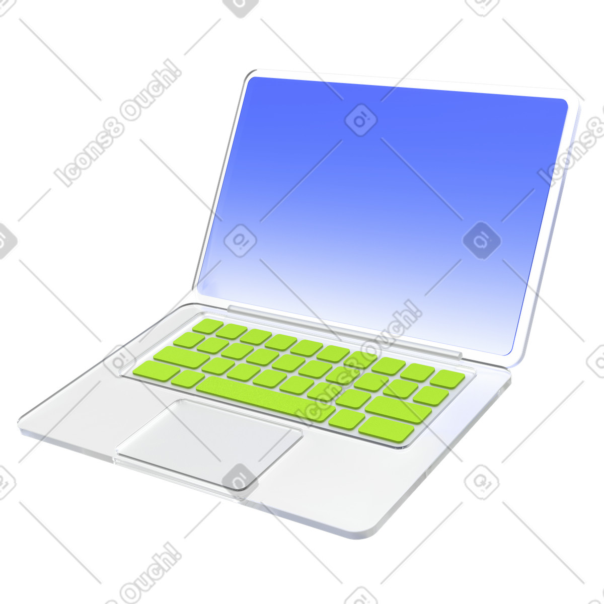 Transparent laptop, neon keyboard interface, modern tech device illustration in 3D Enterprise style download in PNG, SVG