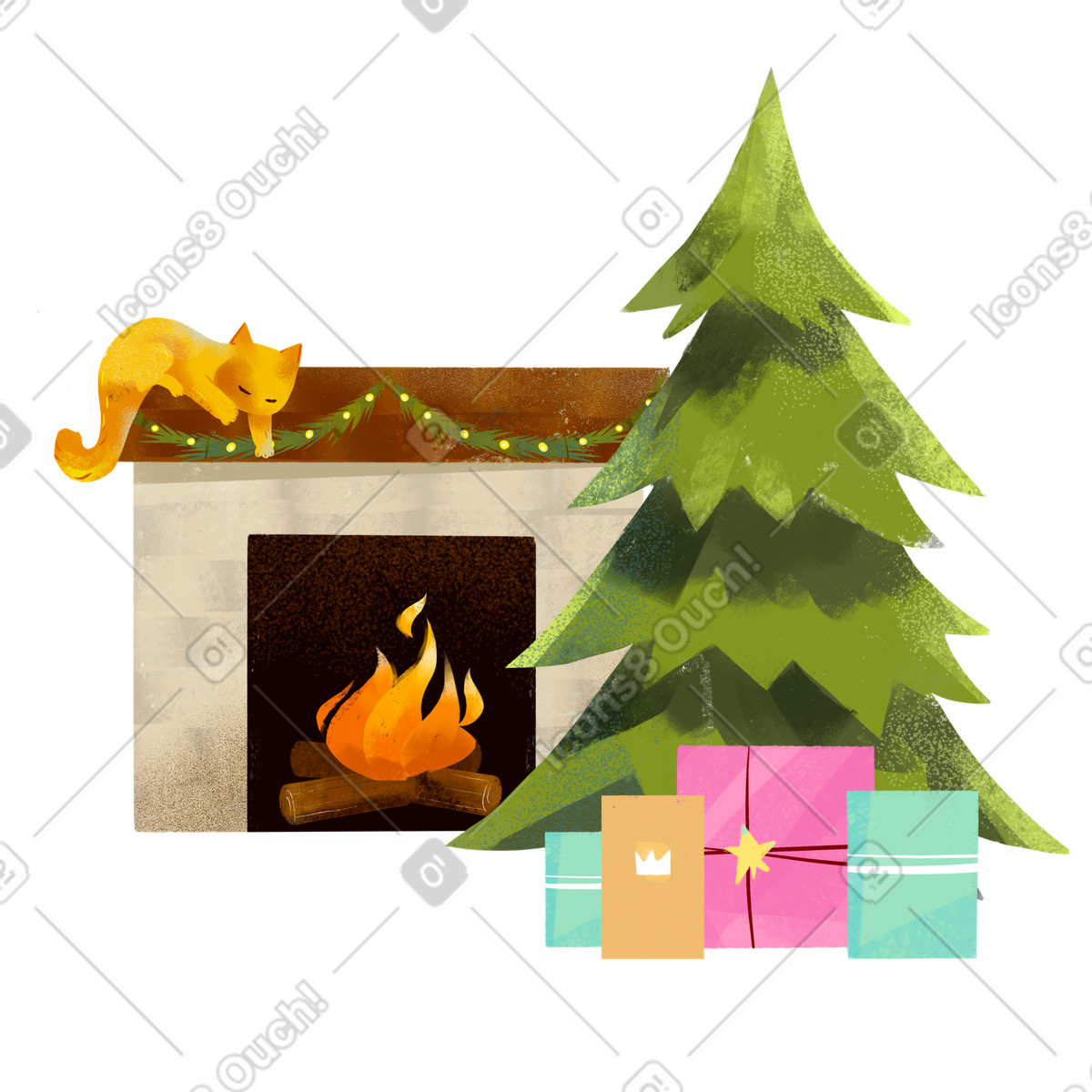 Albero di natale con regali e camino illustrazione in stile Fabulous scarica in PNG, SVG