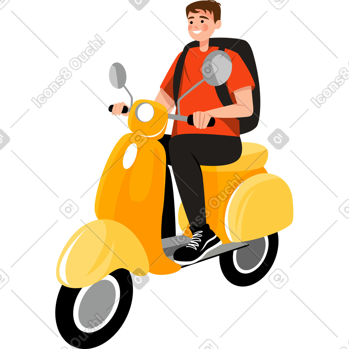 Lagom スタイルの Man with a backpack on yellow moped のイラストをPNG、SVG形式でダウンロード