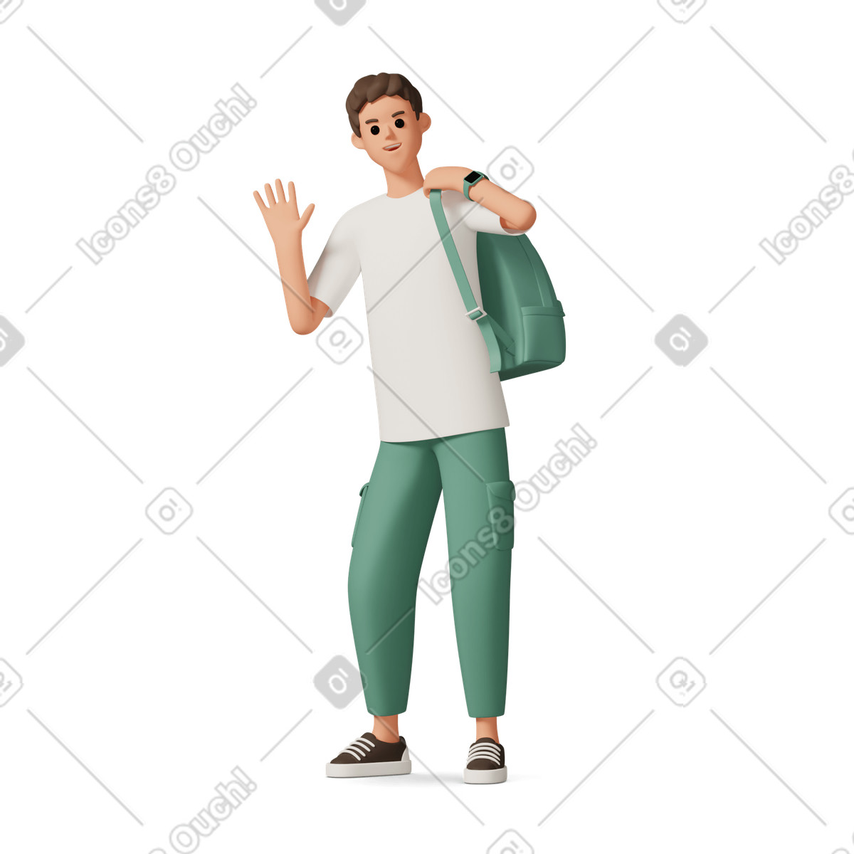Young man with backpack on one shoulder waving illustration in 3D Casual life style download in PNG, SVG
