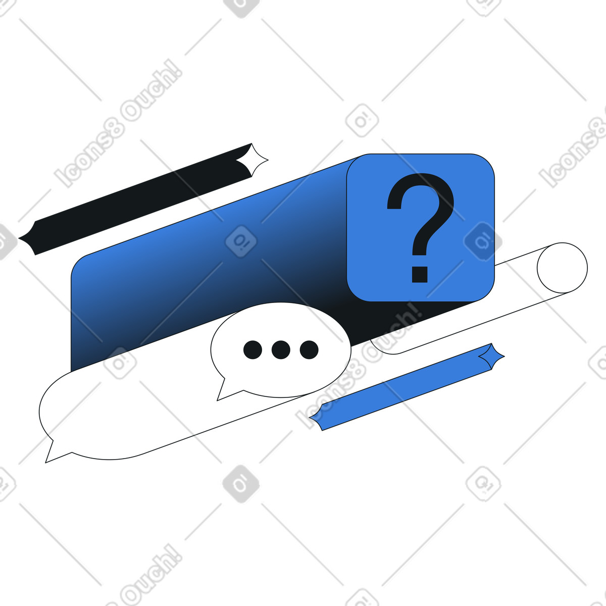 Illustration Bulle de chat avec point d'interrogation, d'assistance client, aide en direct et faq dans le style Midnight à télécharger aux formats PNG, SVG
