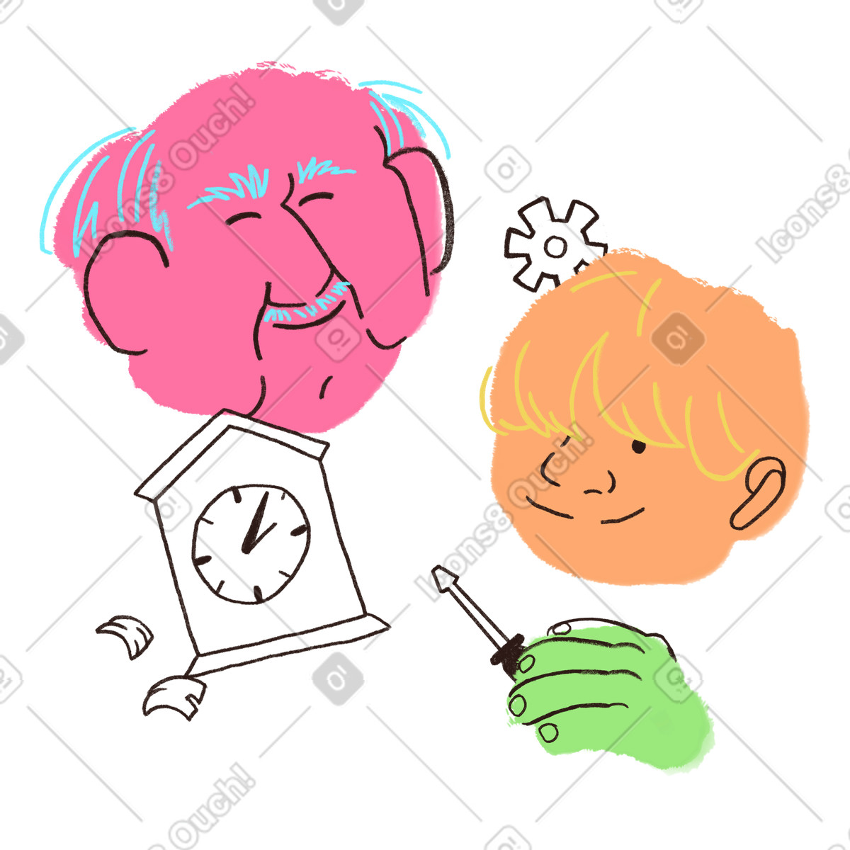 Grandpa and grandson repairing a clock illustration repair clipart in PNG SVG GIF