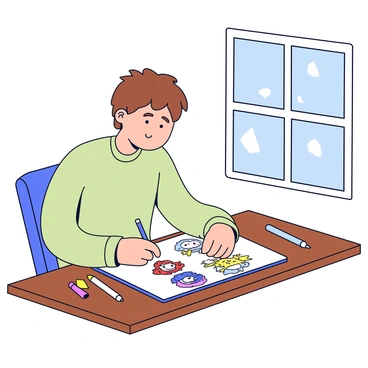 An artist is seated at a wooden table, focused on drawing animated TV characters on a sketchpad. The artist has short brown hair and is wearing a light green shirt. The sketchpad is open in front of them, showcasing colorful sketches of various cartoon characters. There are pencils and markers scattered around the table, adding to the creative atmosphere. Natural light from a nearby window illuminates the scene, casting soft shadows.