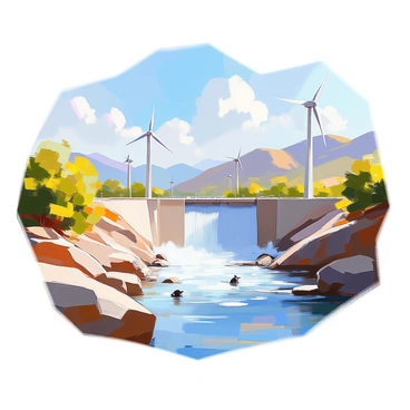 An illustration depicting a serene landscape showcasing the positive environmental impact of hydropower. In the foreground, a large, flowing river is visible, with a dam slightly in the distance. The dam is integrated into the natural scenery, surrounded by lush greenery and trees that provide habitat for various birds and small animals. Above the river, a clear blue sky with a few fluffy clouds can be seen. In the midground, several wind turbines are present on a gentle hill, symbolizing renewable energy. The background features rolling hills and mountains, suggesting a thriving ecosystem supported by sustainable energy sources. The scene conveys harmony between nature and renewable energy, emphasizing the benefits of hydropower for the environment.
