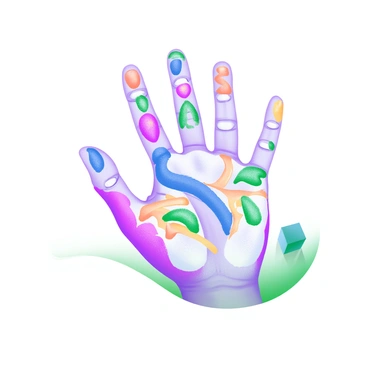A child's hand painted with colorful designs, highlighting the bone structure beneath.