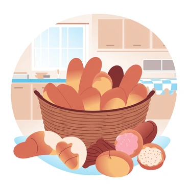 A woven laundry basket is placed in a rustic kitchen setting. The basket is brimming with an assortment of fresh bread, including loaves with a golden crust and rolls with a shiny surface. Surrounding the basket are a variety of baked goods, such as croissants with flaky layers and muffins topped with crumbs. The kitchen features wooden cabinets and a countertop with a checkered tablecloth, creating a warm and inviting atmosphere. Soft, natural light filters through a nearby window, illuminating the fresh goods inside the basket.