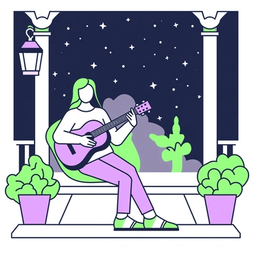 A woman is sitting on a wooden porch, leaning slightly back in a relaxed position. She has long hair that flows down her shoulders, and she is wearing a light sweater and jeans. In her hands, she is gently strumming a guitar, focusing intently on the instrument. The porch is adorned with potted plants on either side, adding a touch of greenery. Above her, the night sky is filled with numerous stars, shining brightly against the dark backdrop. The light from a nearby lantern casts a soft glow, illuminating her face and creating a warm atmosphere.