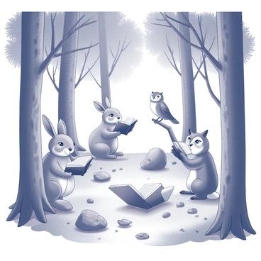 A dense forest filled with tall, leafy trees that have intricate bark patterns. Various animals are scattered throughout the scene, each engaged in reading books. A rabbit is sitting on its hind legs, holding a book open with both paws. A curious fox is lying on its side, propped up on its elbow while reading. A wise owl is perched on a low branch, peering down at a book resting on a nearby rock. The ground is covered with soft moss and scattered leaves, creating a cozy atmosphere for the animals.