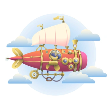 An intricate steampunk airship is soaring through the clouds. The airship has brass and copper elements, with large, elegantly designed propellers at the rear. Its hull is adorned with gears and pipes, giving it a mechanical appearance. The sails are filled with air, and intricate wings extend from the sides. Fluffy white clouds surround the airship, and a soft blue sky is visible in the background, enhancing the sense of height and movement.