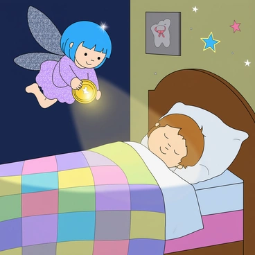 A small, whimsical tooth fairy with delicate, shimmering wings is hovering near a child's bed at night. She has bright, sparkling blue hair styled in a playful bob. Dressed in a sparkling lavender dress, she holds a shiny gold coin in her tiny hands. The room is softly illuminated by a glowing night light shaped like a star. The child, with light brown hair, is peacefully sleeping in the bed, covered by a colorful patchwork quilt. The pillow is fluffy and white, and the tooth fairy is gently placing the coin under it with a look of kindness on her face. The walls are adorned with cheerful, colorful drawings, adding a magical touch to the scene.
