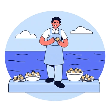A shellfish farmer wearing a light blue apron stands on a dock, carefully inspecting a cluster of oysters. The oysters are opened slightly, revealing their insides, which appear dull due to ocean acidity. In the background, the ocean waves gently lap against the dock, and there are various oysters in baskets surrounding the farmer. The sky above is clear with a few clouds.