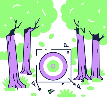 A woodland scene featuring tall trees with dense green foliage. In the center, there is a target set up against a backdrop of tree trunks. The target has concentric rings, prominently displayed for archers to aim at. Surrounding the target, there are fallen leaves and patches of grass on the forest floor. Some arrows are scattered nearby, indicating previous attempts. Sunlight filters through the leaves, creating dappled light on the ground around the target.