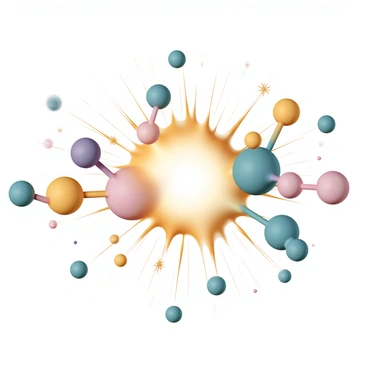 A close-up view of a chemical reaction taking place, showcasing various colorful molecules. Some molecules are shown bonding together, represented by vibrant connections forming between them, while others are depicted as separating, drifting apart in different directions. The background features a dynamic display of swirling particles to illustrate the energy of the reaction, with some sparks indicated to emphasize the intensity of the process.