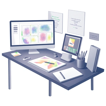 A spacious artist's workspace with a large wooden desk. On the desk, there is a computer screen displaying "Krita," showcasing a digital canvas filled with vibrant sketches. Scattered around the workspace are various digital drawing tools, including a stylus, a graphics tablet, and several sketchbooks. The area has an organized yet creative feel, with art supplies like colored pencils, markers, and brushes visible in the background. The walls are adorned with sketches and inspirational quotes.