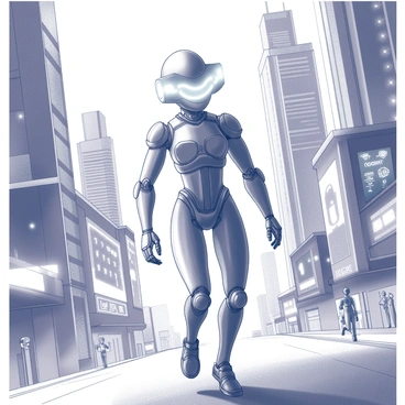 A cartoon-style cyborg character with metallic limbs and glowing eyes is walking through a futuristic cityscape. The city features towering skyscrapers adorned with bright, neon lights and holographic advertisements. The cyborg is wearing a sleek, fitted outfit that complements its robotic features. The streets are bustling with activity, showcasing other futuristic elements like hovering vehicles and people in advanced attire. The atmosphere is lively, with light reflections bouncing off the metallic surfaces of the buildings.