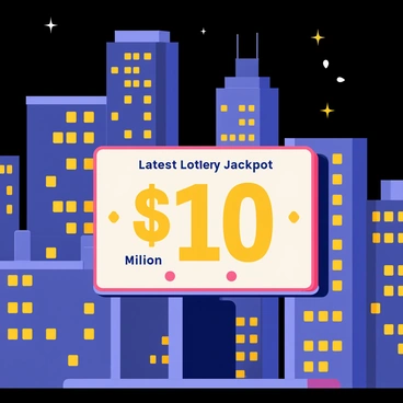 A city skyline featuring tall buildings with illuminated windows against a dark night sky. The skyline is dotted with various architectural designs, including skyscrapers and rooftops. In the foreground, a giant billboard prominently displays the text "Latest Lottery Jackpot: $10 Million" in bold, bright colors. The billboard is surrounded by city lights and a few shining stars in the sky. The scene captures the vibrant energy of the city at night.