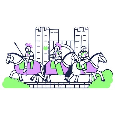 A group of knights in shining armor are riding horses across a castle drawbridge. The knights are positioned in a triangular formation, with one knight in the front leading the group. Each knight is wearing ornate armor that reflects light, enhancing the details of their intricate designs. The horses are strong and muscular, with flowing manes, galloping steadily over the wooden planks of the drawbridge. In the background, a tall stone castle looms, featuring high towers and battlements. The drawbridge connects to the castle gate, which is partly open, revealing the stone archway behind it. Lush greenery is visible on either side of the bridge, adding to the scene's vibrancy.