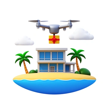 A large drone with four propellers is hovering above a beachside house. The drone is carrying a package with a bright red ribbon tied around it. The house is a two-story building with large windows and a balcony overlooking the ocean. The sandy beach is visible in the background, with gentle waves lapping at the shore. Palm trees are swaying in the breeze near the house. The sky is clear with a few fluffy white clouds scattered throughout.
