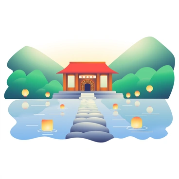 A sacred shrine with intricate wooden carvings and a red roof is situated in a tranquil valley. The shrine is surrounded by gently flowing waters that reflect the colors of the sky. Numerous floating lanterns in various shapes and sizes illuminate the scene, casting a warm glow on the surroundings. Lush green hills rise in the background, framing the valley. The water is calm, with slight ripples creating a mirror-like effect of the environment. A pathway lined with smooth stones leads up to the shrine, inviting visitors to explore the serene setting.