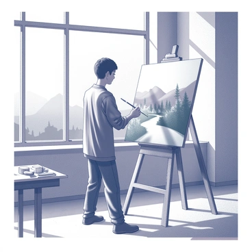 An artist stands in a spacious studio, holding a paintbrush poised above a large canvas. The artist is focused on creating a landscape painting, capturing details of hills, trees, and a river. Sunlight streams through large windows, casting shadows across the wooden floor. There are paint tubes and brushes scattered on a table nearby. The canvas is partially filled with strokes and colors depicting a lush scene.