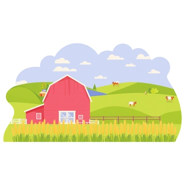 A peaceful countryside farm with a large red barn standing prominently in the center. The barn has a white door and is surrounded by green fields filled with tall, golden wheat crops swaying gently in the breeze. There are rows of leafy green vegetables growing in a nearby garden, and a wooden fence surrounds the farm. In the background, rolling hills provide a picturesque backdrop, dotted with a few grazing cows and a bright blue sky overhead, scattered with fluffy white clouds.