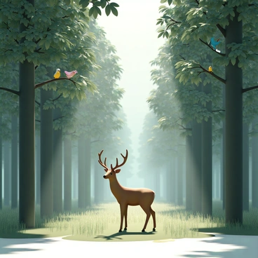 A dense forest filled with tall, lush green trees, their leaves sparkling with morning dew. In the foreground, a graceful deer stands on a patch of soft grass, its fur a rich chestnut brown, illuminated by beams of sunlight filtering through the canopy. Nearby, vibrant birds of various colors are perched on the branches, their feathers glistening in the light as they stretch their wings and chirp. Sunlight casts dappled patterns on the forest floor, creating a serene atmosphere as nature awakens to the start of a new day.