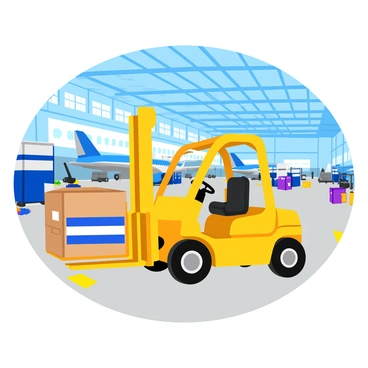 A bright yellow forklift is moving heavy equipment inside a large aircraft hangar. The forklift has a tall mast with raised forks, lifting a shipping crate with blue and white markings. The spacious hangar has a high ceiling with large windows allowing sunlight to stream in, illuminating the scene. Various tools and spare parts are scattered around, and in the background, a large airplane is visible, parked and ready for maintenance. The floor is marked with safety stripes, indicating the designated pathways for equipment.