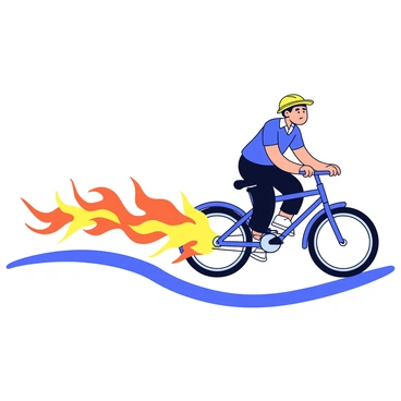 A bicycle with sleek tires and a streamlined frame is riding swiftly along a winding path. The wheels of the bicycle are spinning rapidly, leaving behind a vibrant trail of flames that flicker and dance in shades of orange and yellow. The scene captures the motion of the bicycle, showing the flames extending outward as if following in its wake. The background features a simple design with minimal details to keep the focus on the bicycle and the fiery trail.