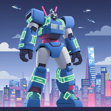 A giant mecha robot with a metallic blue and silver exterior is standing tall in the foreground. Its intricate design features glowing green circuits running along its limbs. The robot is posed in a protective stance, with its arms slightly raised. In the background, a sprawling futuristic cityscape is visible, filled with sleek skyscrapers adorned with bright neon lights and holographic advertisements. The sky above transitions from deep indigo to a lighter blue, suggesting twilight, while flying vehicles zip through the air between the buildings. A few clouds are scattered throughout the sky, catching the city's lights as they reflect off their surfaces.