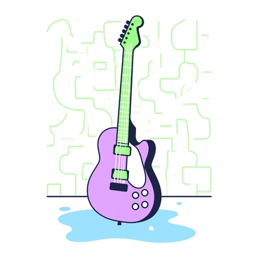 An electric guitar is leaning against a wall. The body of the guitar features a glossy finish and prominent pickups. Next to the guitar, there is a puddle on the floor reflecting the instrument. Raindrops are gently falling from above, creating small splashes as they hit the ground. Water droplets can be seen on the surface of the guitar, adding to the ambiance of the scene. The wall behind is textured, providing a contrasting backdrop for the guitar.